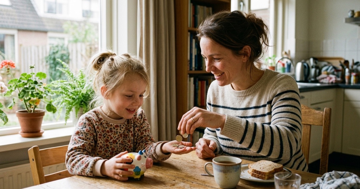 Een ouder geeft enkele euromunten aan een jong kind aan de keukentafel bij zacht middaglicht