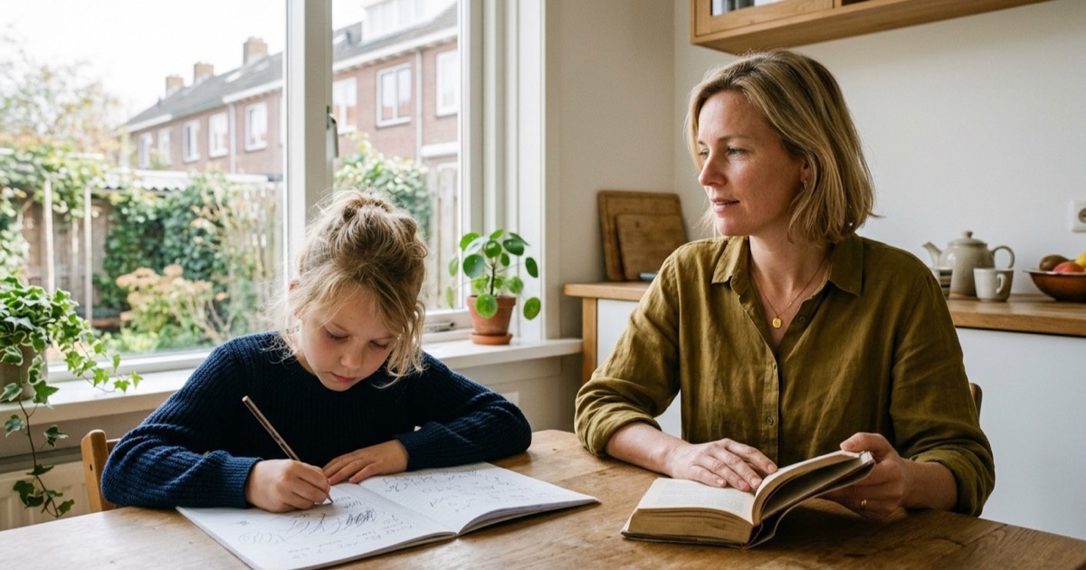 Een ouderhand laat los terwijl een kind zelfstandig verder werkt aan een schoolschrift in een lichte keuken