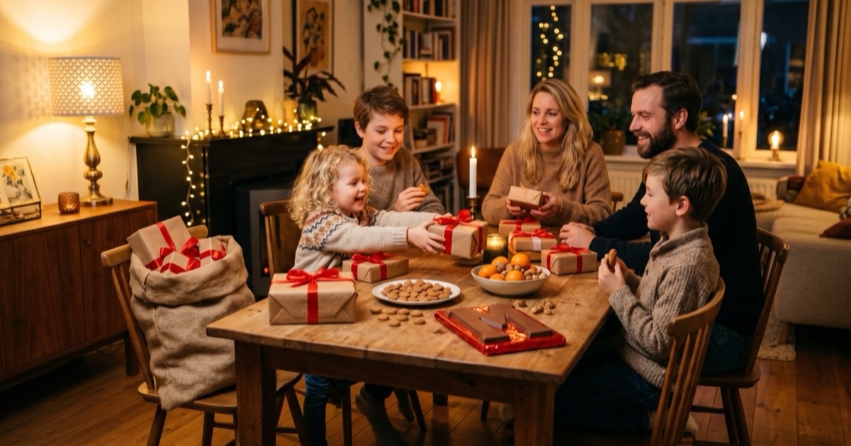 Een gezin viert pakjesavond in de woonkamer met cadeautjes