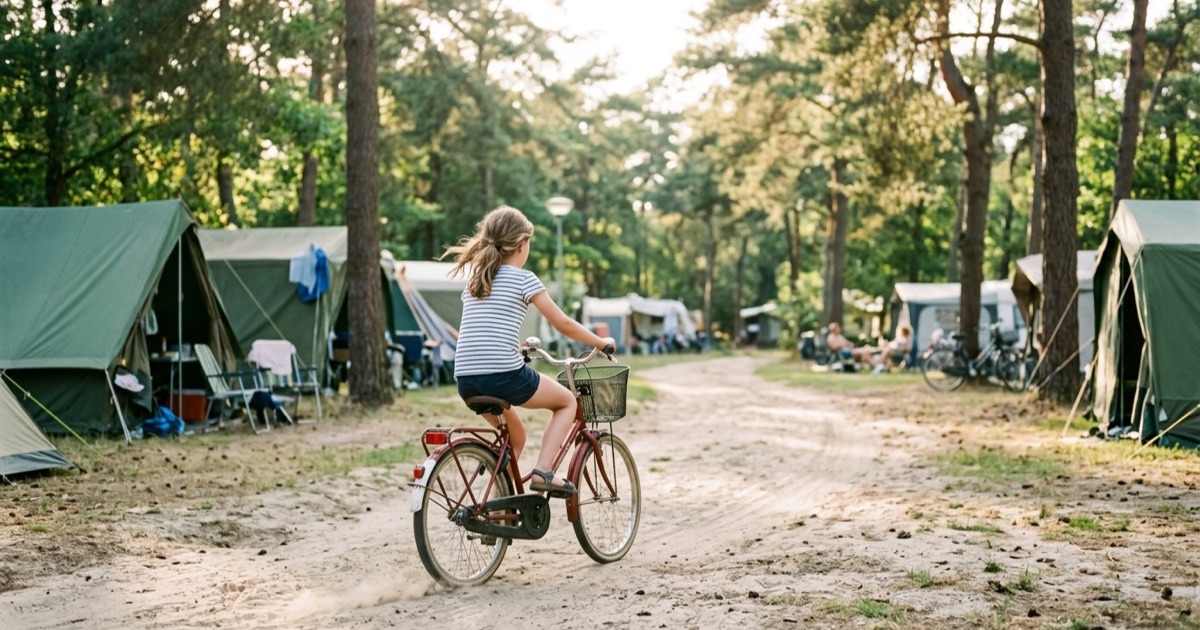 Kind op fiets op een rustig campingpad tussen tenten en bomen in zacht ochtendlicht.