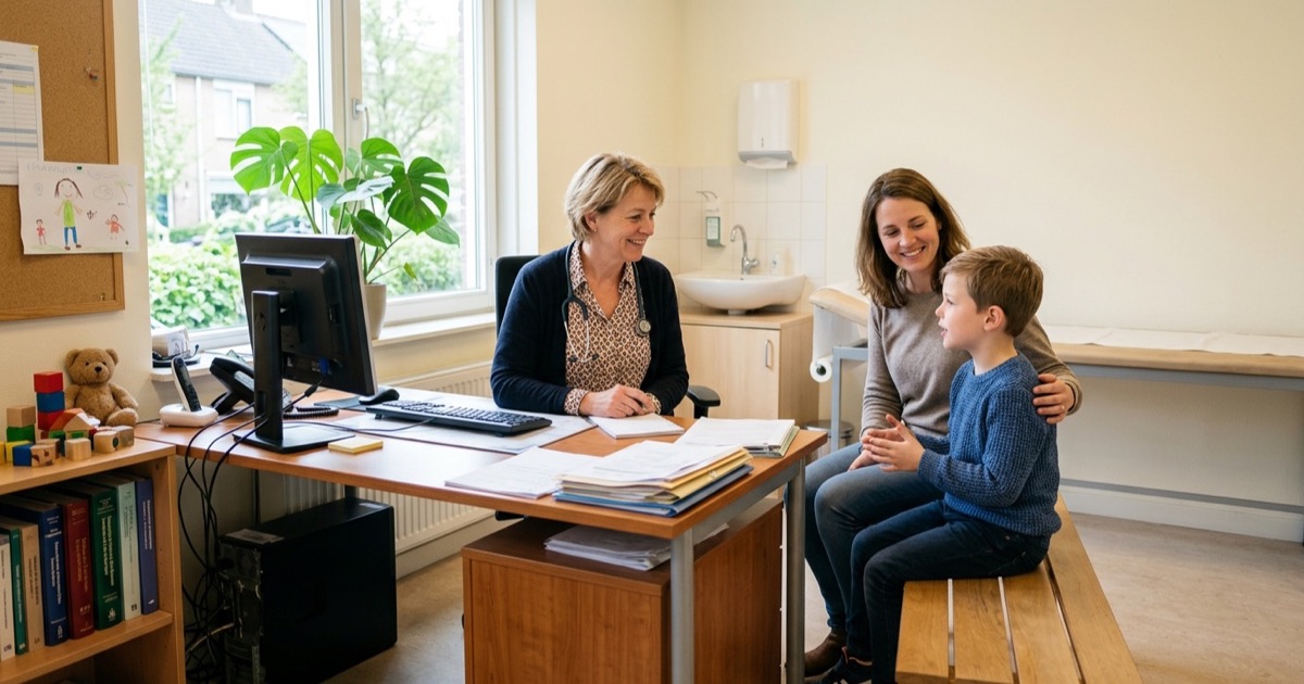 Huisarts en moeder met jongen van acht in een lichte spreekkamer, planten en kindertekening op de muur.