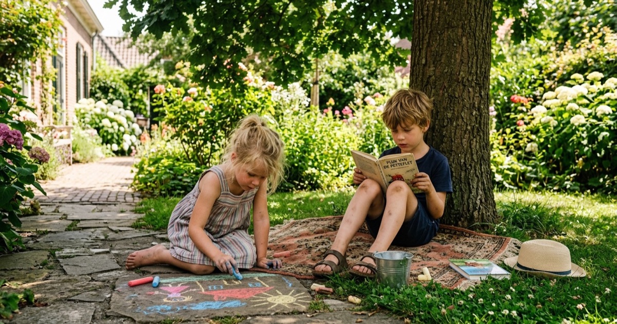 Kinderen spelen in de schaduw onder een boom in een tuin op een zonnige dag.