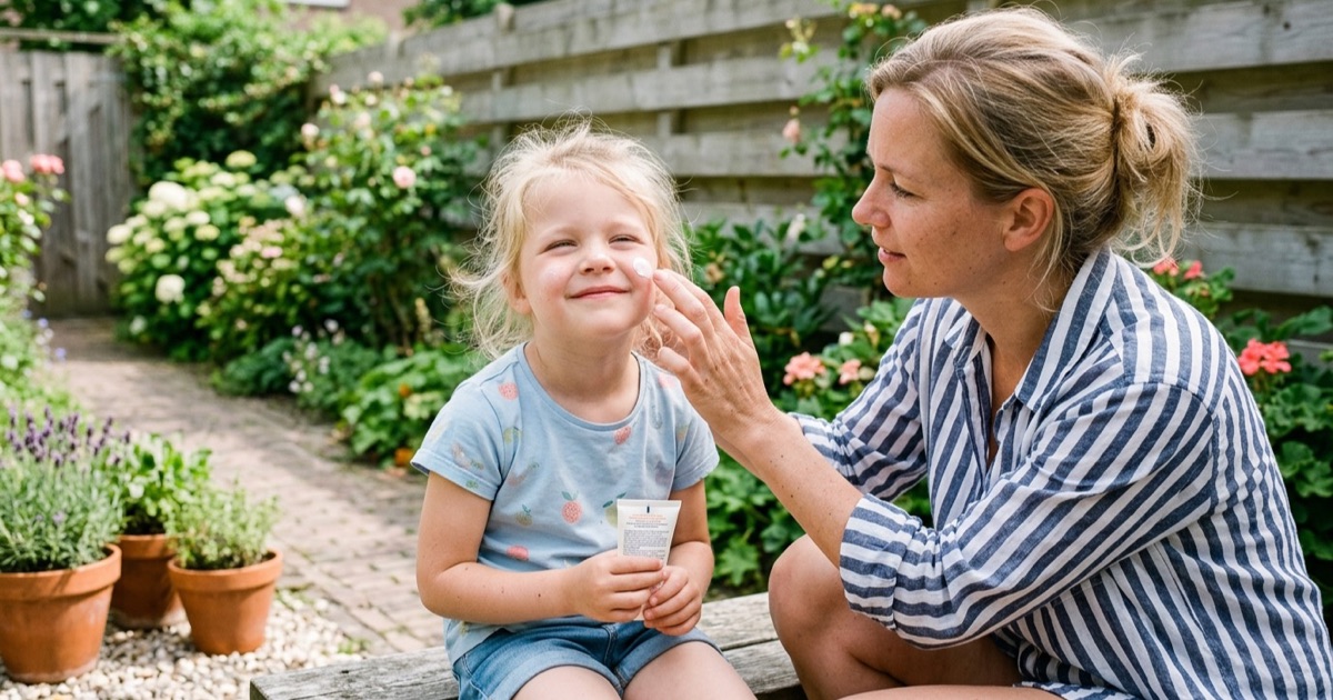 Ouder smeert zonnebrand op de wangen van een kind in de tuin.