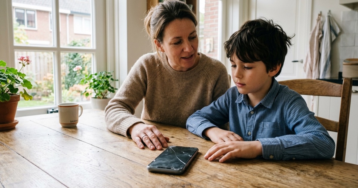 Gebroken scherm van een telefoon op een tafel met een ouder en kind die er rustig naar kijken.