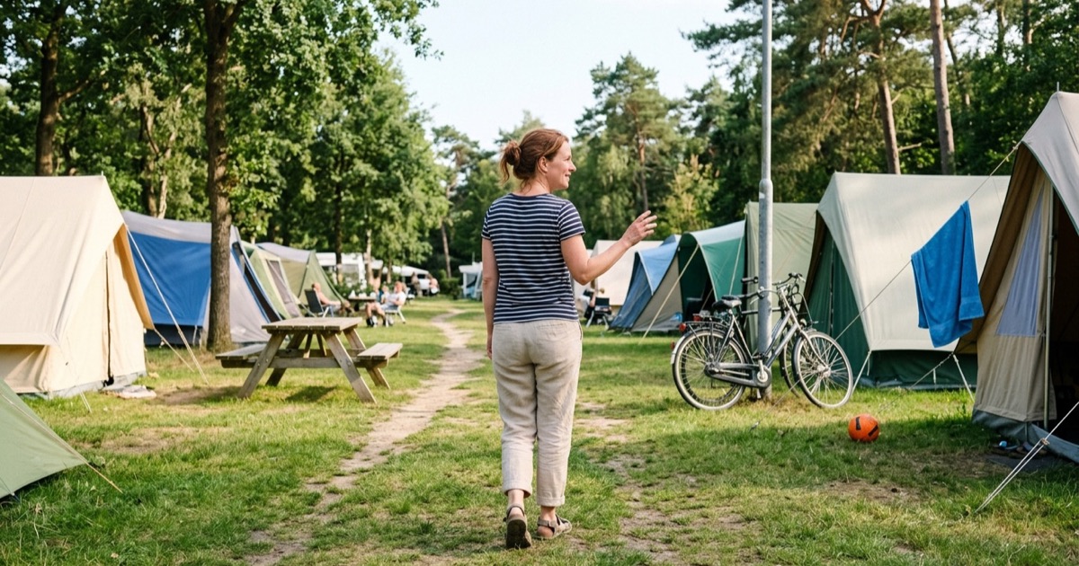 Ouder loopt rustig over campingterrein op zoek tussen tenten en bomen in licht avondzon.