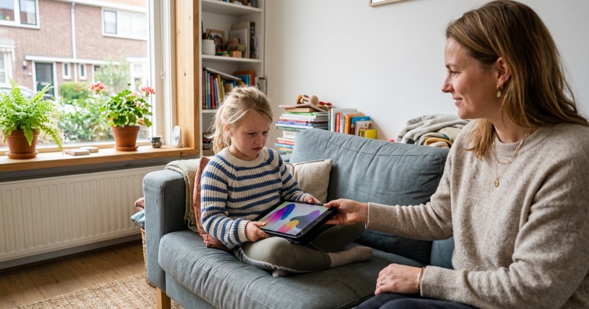 Kind van rond de acht met een tablet op de bank terwijl een ouder rustig de hand uitsteekt om hem aan te pakken