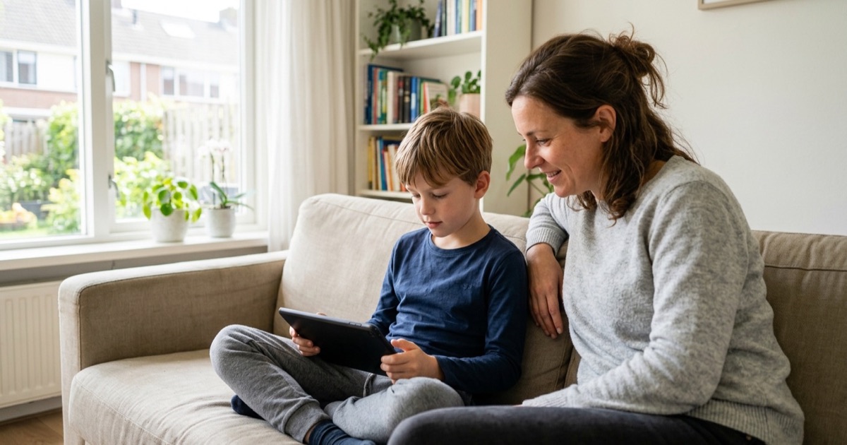 Kind kijkt op een tablet en een ouder schuift rustig aan op de bank om mee te kijken.