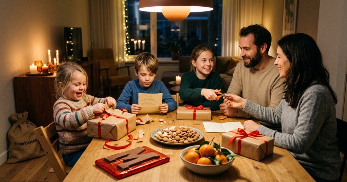 Een gezin met kinderen van verschillende leeftijden viert pakjesavond aan tafel