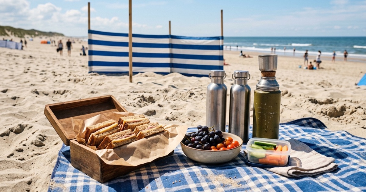 Strandpicknick op een geblokte deken met houten broodtrommel, fruit, drinkflessen en een thermos bij daglicht