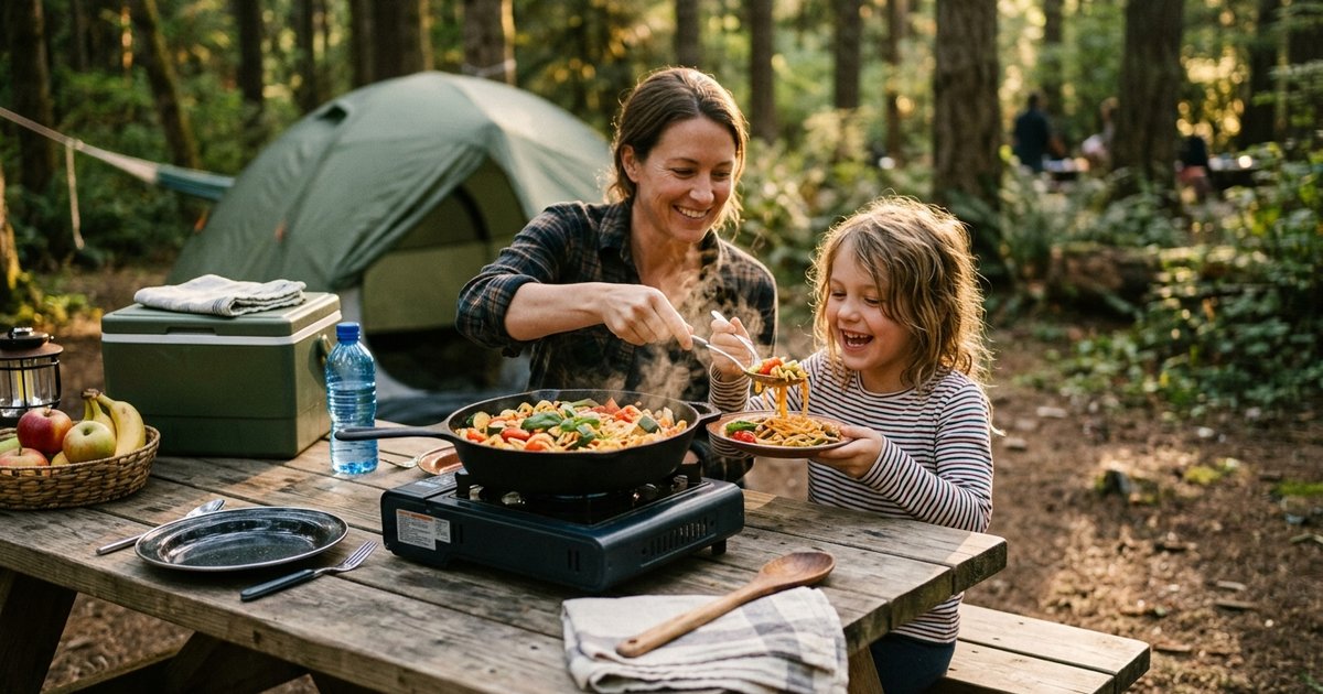 Kinderen aan een campingtafel met wraps, fruit en bekers, gascomfoor op de achtergrond
