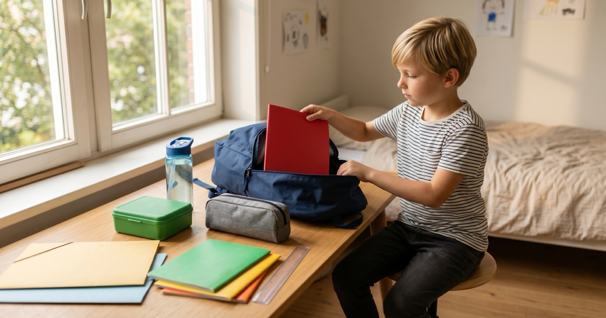 Een groene schoolrugzak voor de bovenbouw geopend op een bureau met schoolboeken, etui en broodtrommel ernaast.