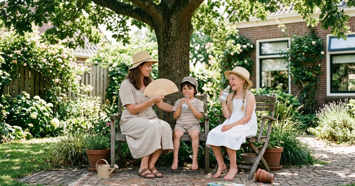 Een Nederlands gezin zit in de schaduw van een boom met koud drinken en zonnehoeden op een warme zomerdag