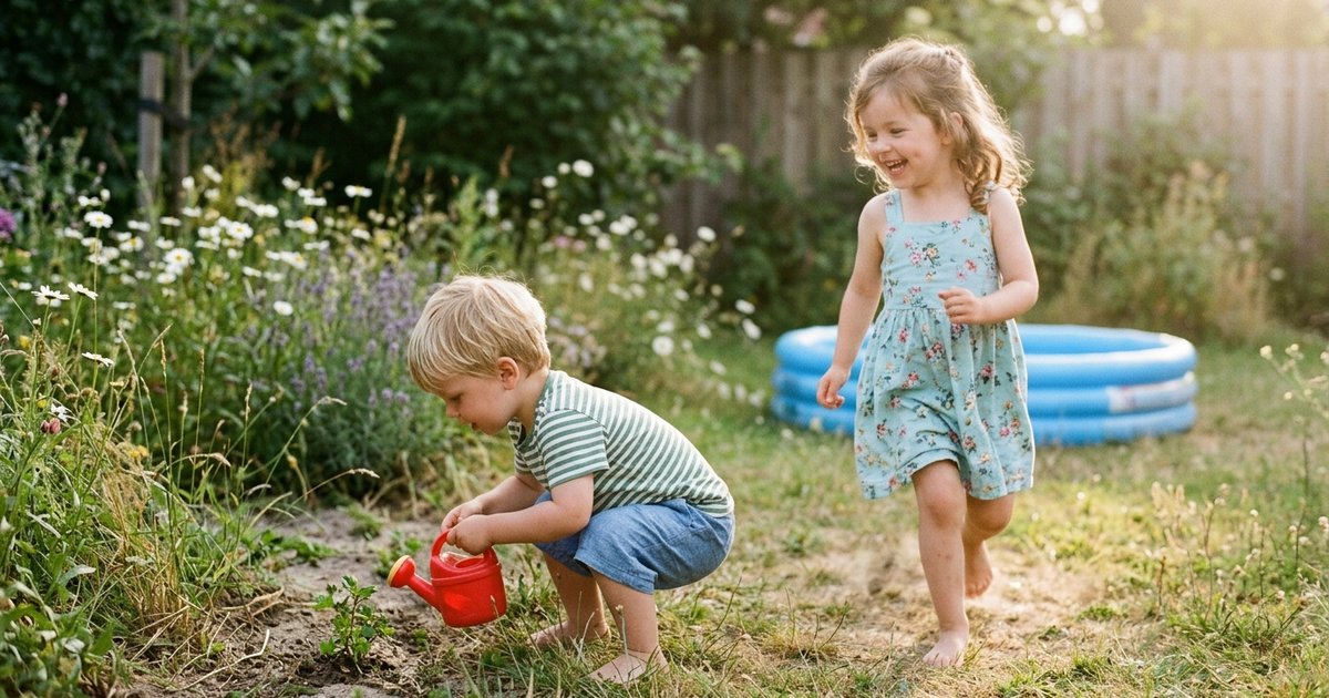 Peuter en kleuter spelen samen met water in de tuin op een zonnige zomerdag