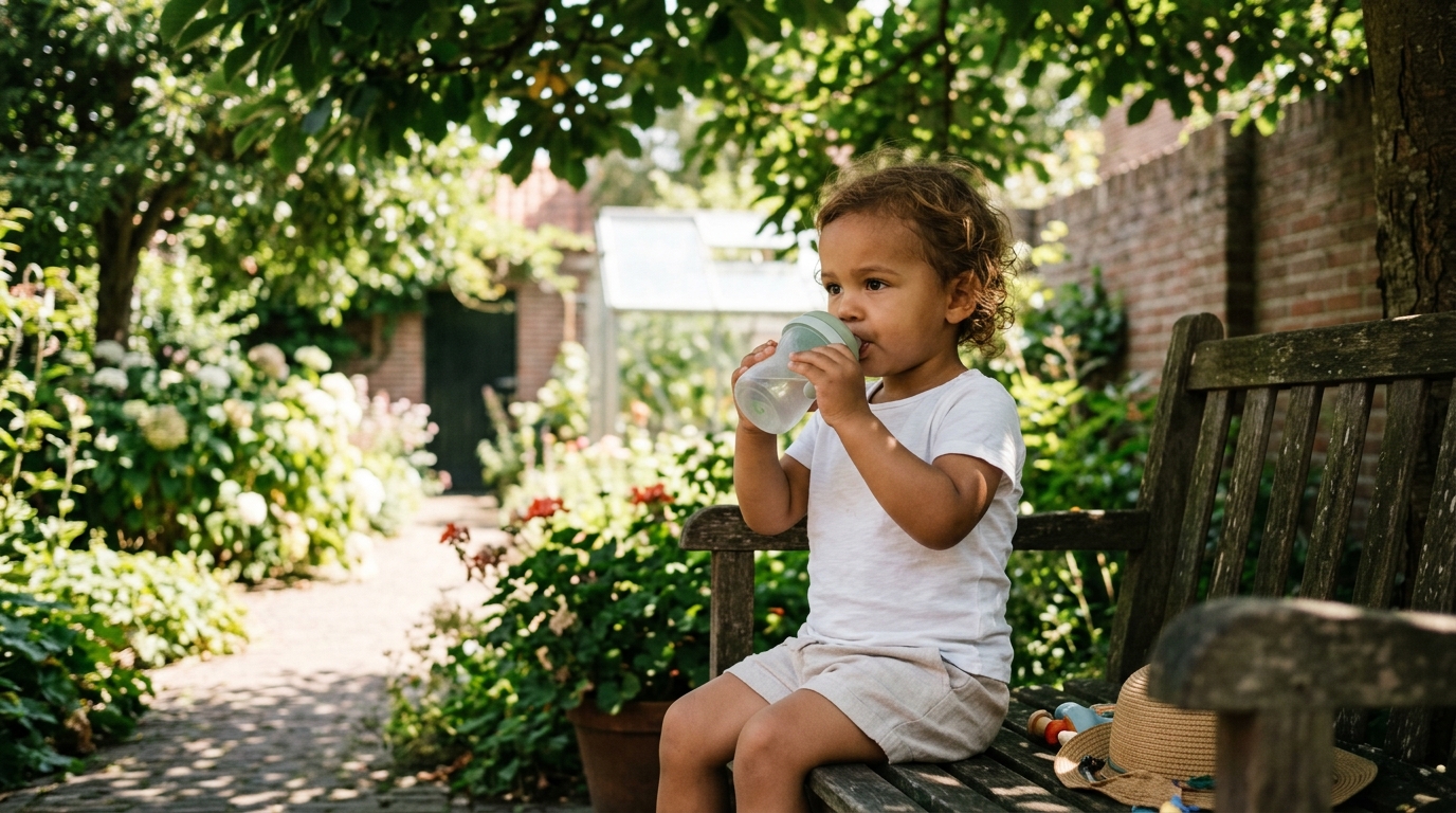 Een Nederlandse peuter in een dunne witte t-shirt en lichte linnen short drinkt water in een schaduwrijke tuin tijdens een warme zomerdag.