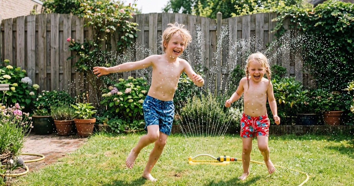 Twee kinderen spelen onder een tuinslang-sproeier in een Nederlandse achtertuin op een zonnige dag