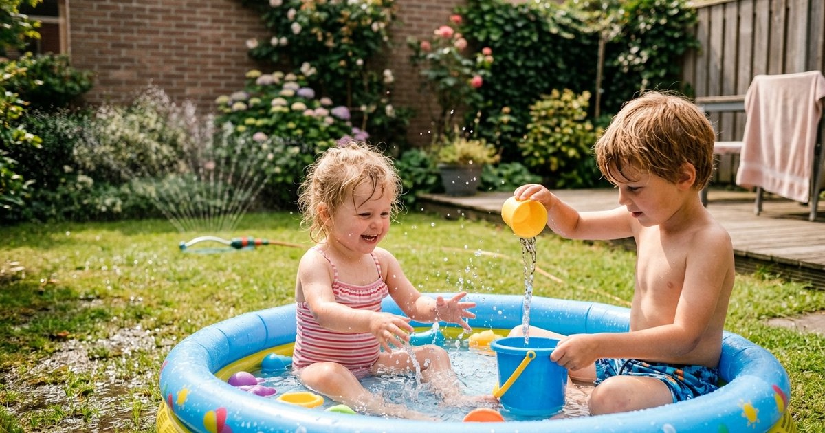 Peuter en kleuter spelen met water in de tuin met emmer, spons en sproeier