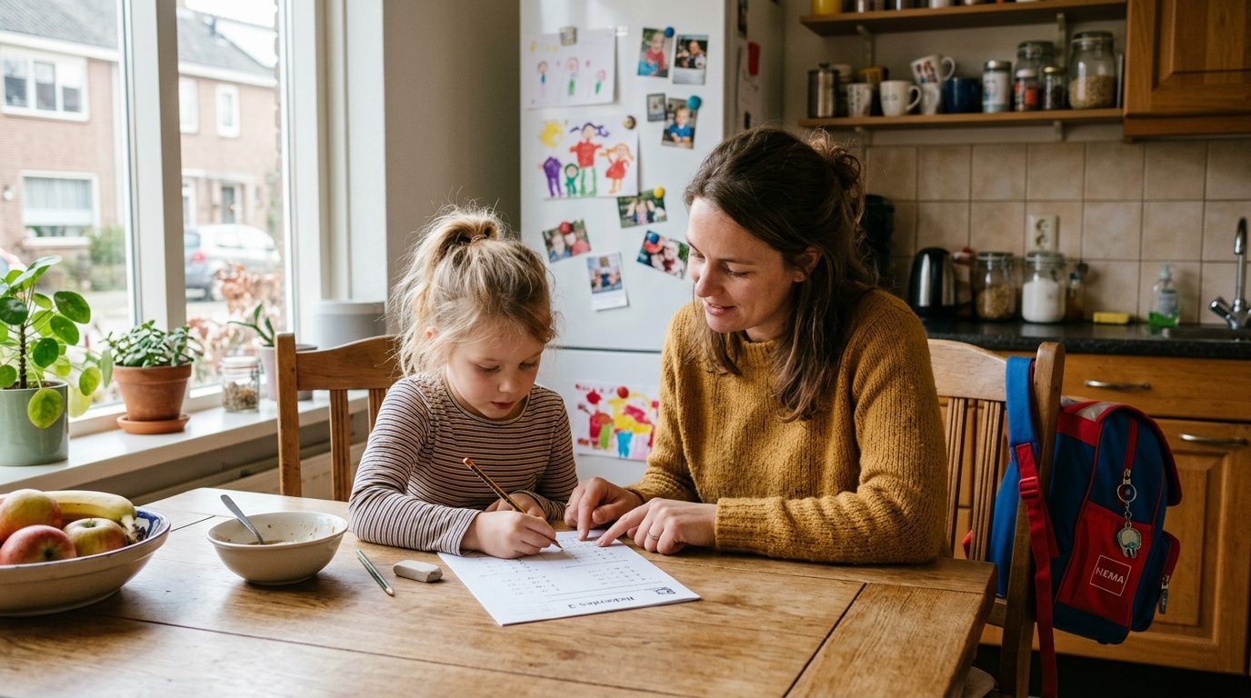 Moeder en dochter werken samen aan de keukentafel aan een oefenblaadje, met een schooltas op de stoel.