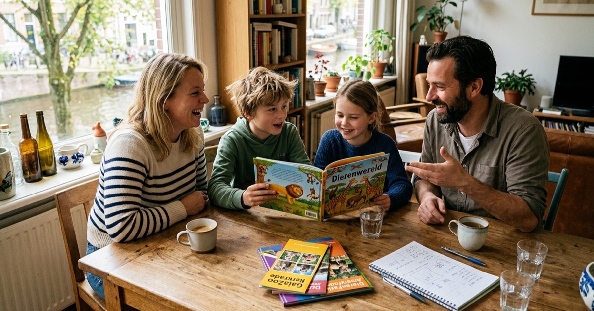 Een Nederlands gezin met twee kinderen bespreekt aan de eettafel welk huisdier zou passen