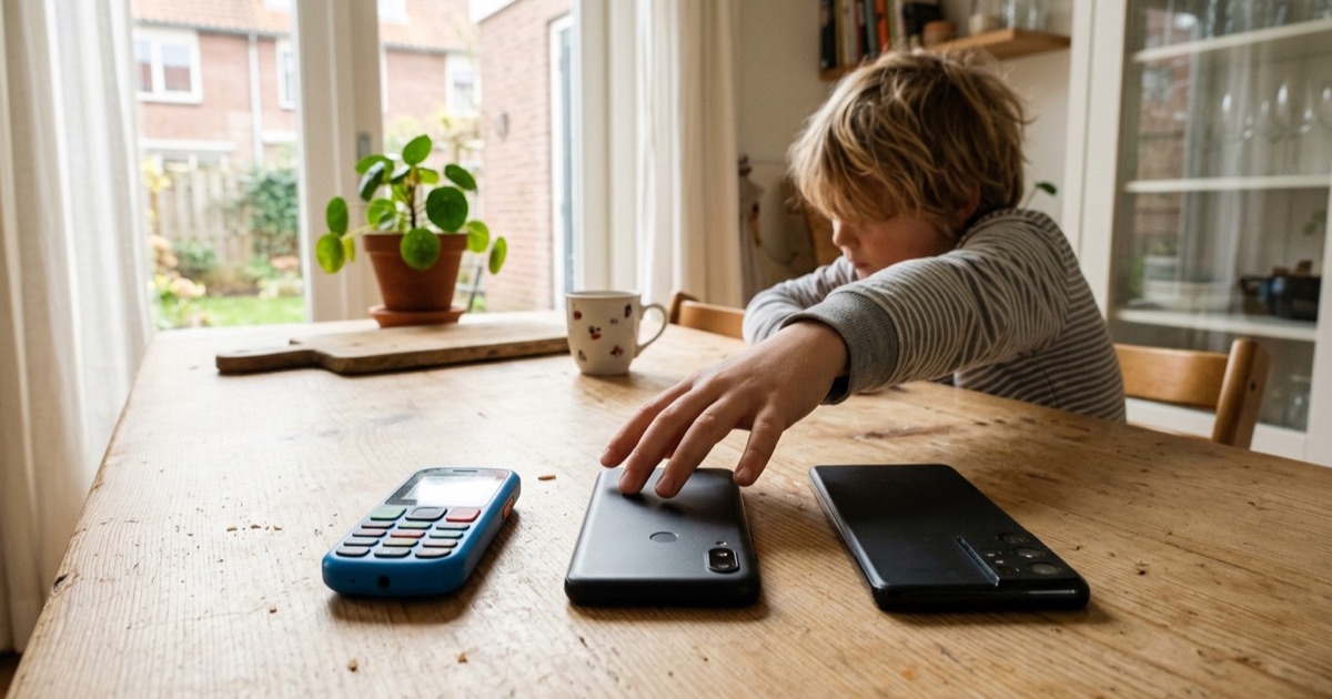 Drie verschillende soorten telefoons liggen op een houten tafel met een kind ernaast.