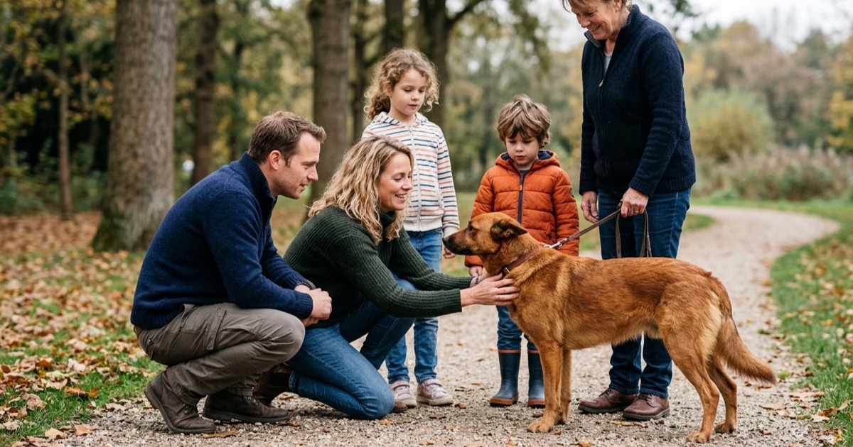 Een Nederlandse familie van vier ontmoet een vriendelijke middelgrote hond op een rustig pad in het bos