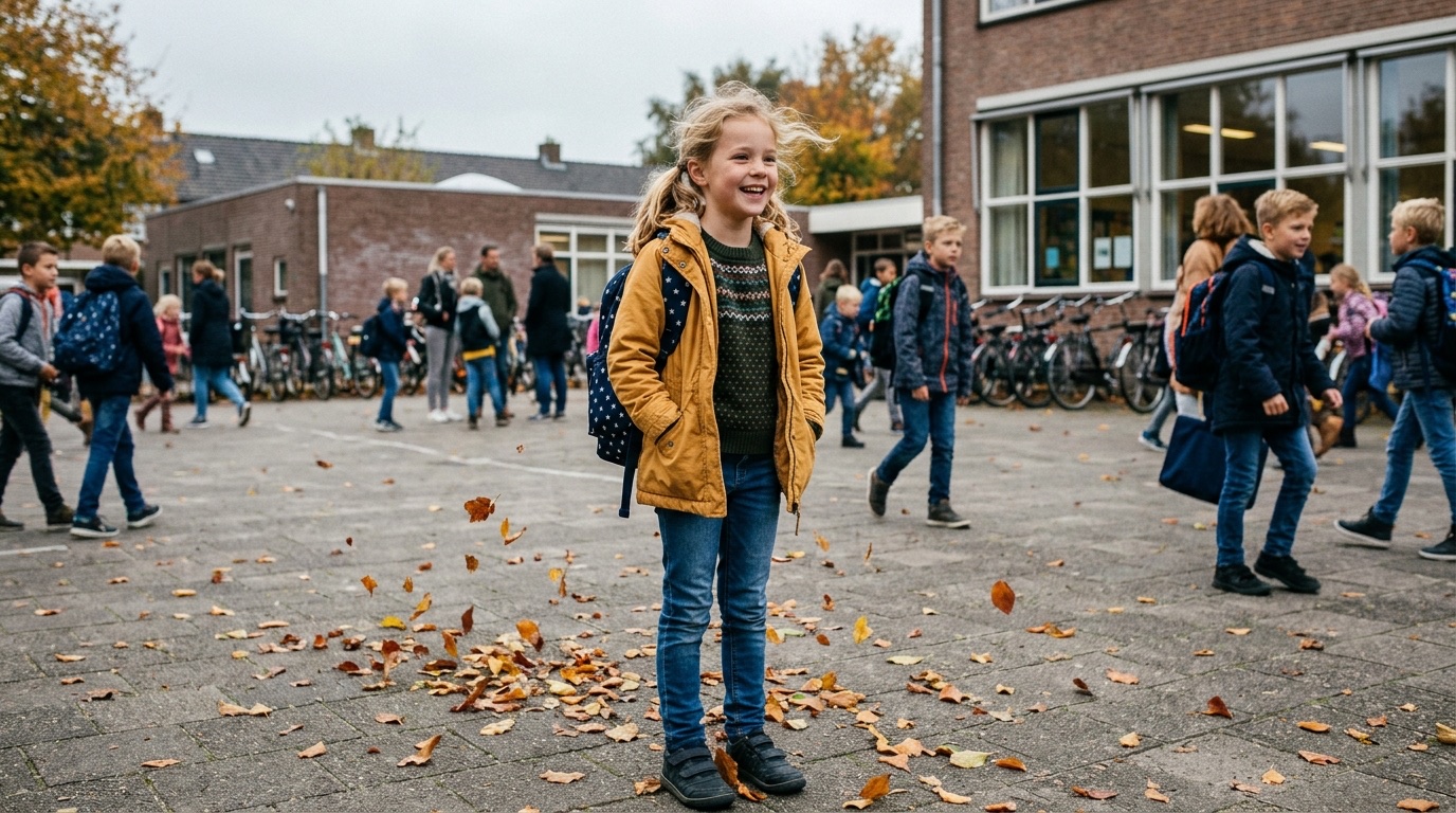 Vrolijke kleuter in mosterdgele herfstjas op een schoolplein met andere kinderen en herfstbladeren.