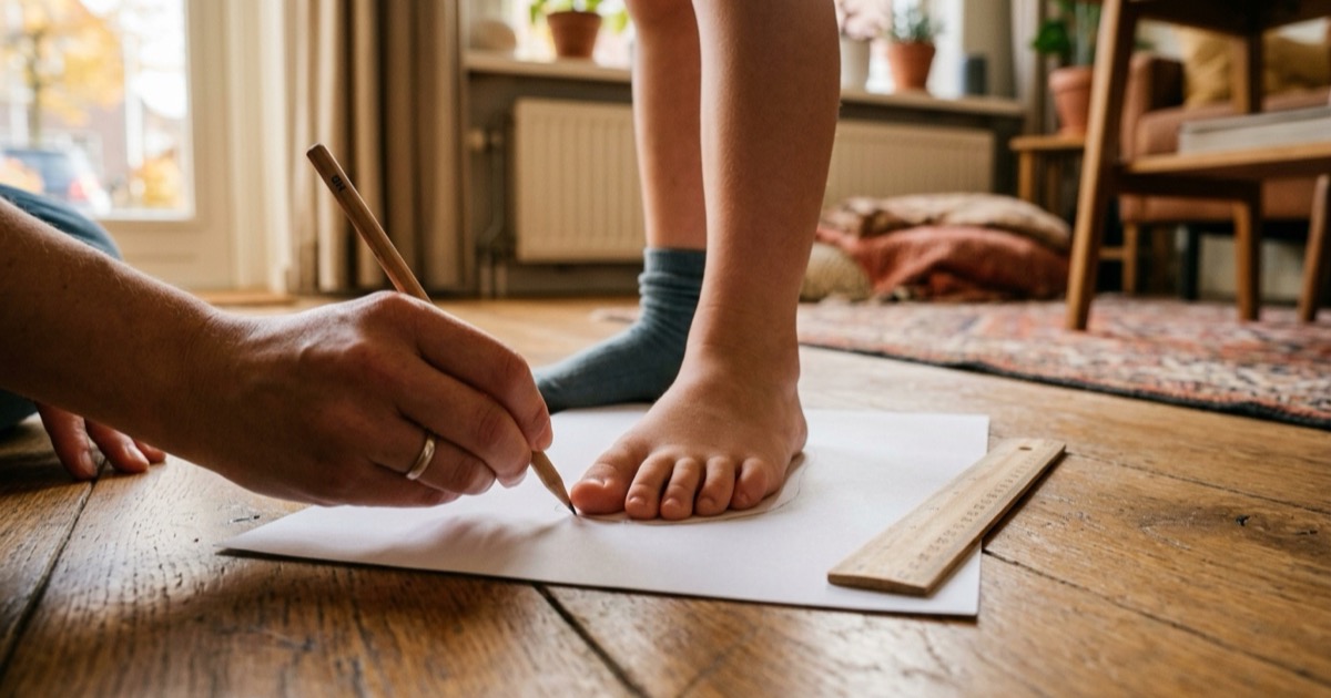 Ouder tekent met potlood de omtrek van kindervoet op wit papier op houten vloer.