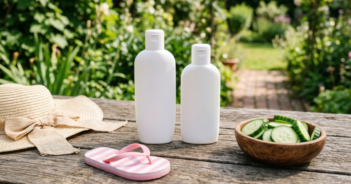Twee flessen zonnebrand SPF 30 en SPF 50 naast elkaar op een houten tafel met strandspullen.