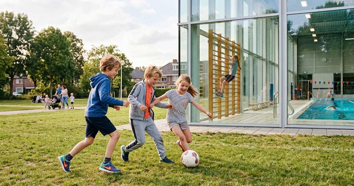 Kinderen spelen voetbal op een grasveld, met klimmen en zwemmen op de achtergrond in een lichte hero-scene.