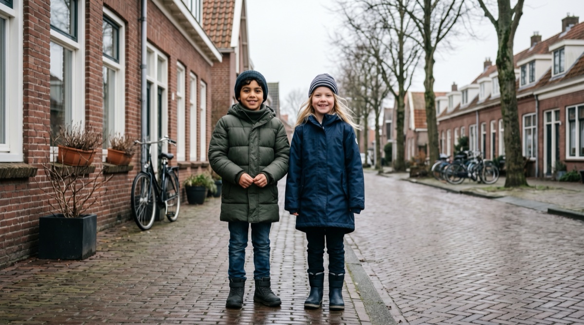 Twee Nederlandse kinderen staan naast elkaar op een straat met bakstenen huizen: een draagt een warme gewatteerde puffer-winterjas, de ander een waterdichte shell-winterjas.