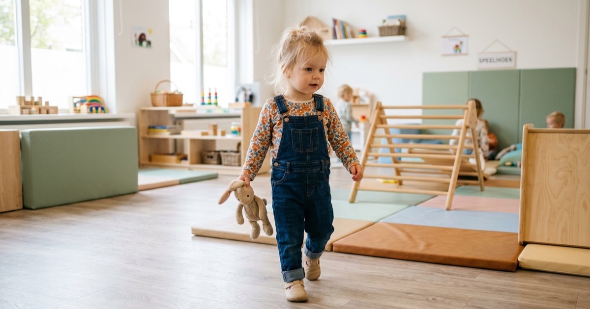 Peuter loopt voorzichtig met een knuffel in de hand naar de speelhoek van het kinderdagverblijf.