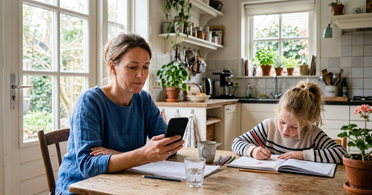 Ouder leest een telefoonbericht aan de keukentafel terwijl een kind huiswerk maakt.