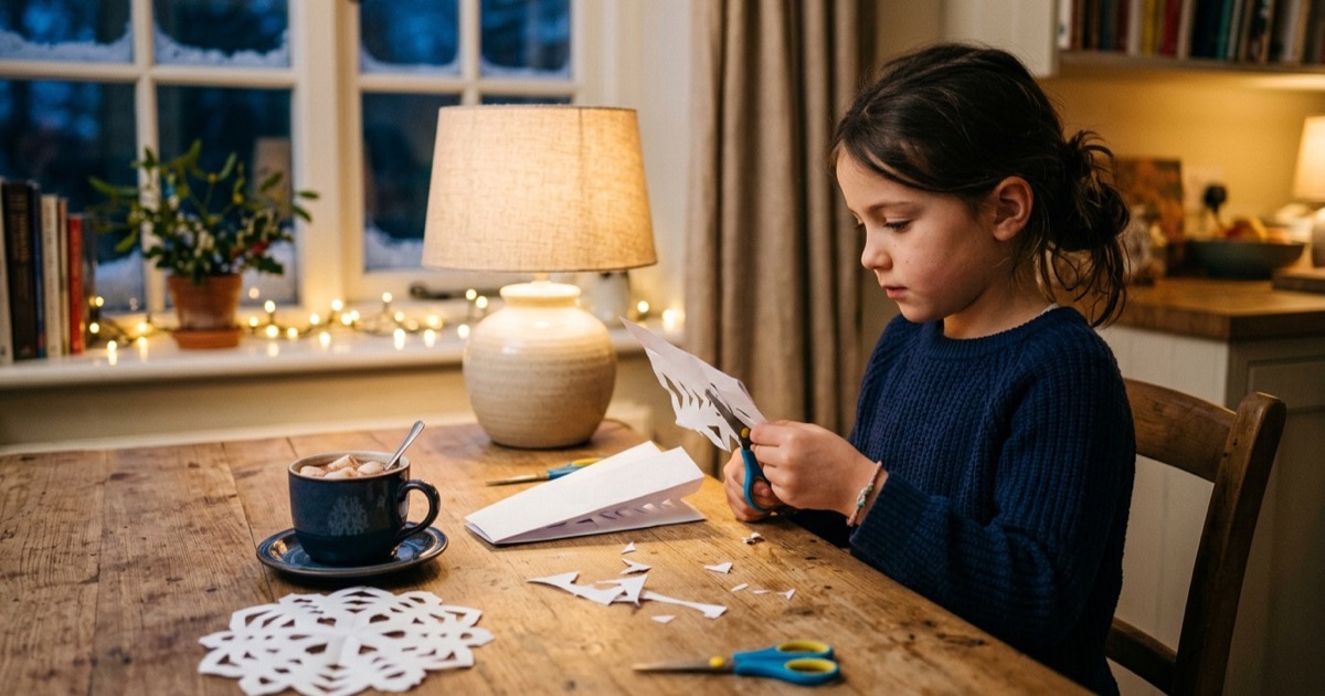 Kind knipt sneeuwvlok aan tafel met kerstlichtjes