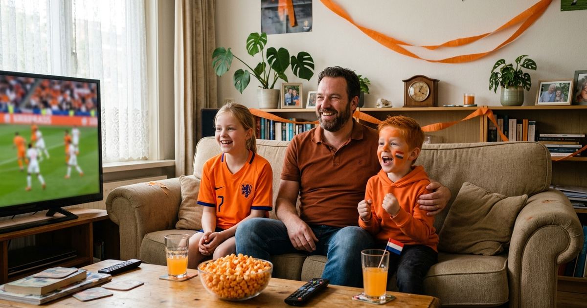 Nederlandse vader en twee kinderen in oranje shirts kijken samen WK voetbal in een gezellig versierde woonkamer