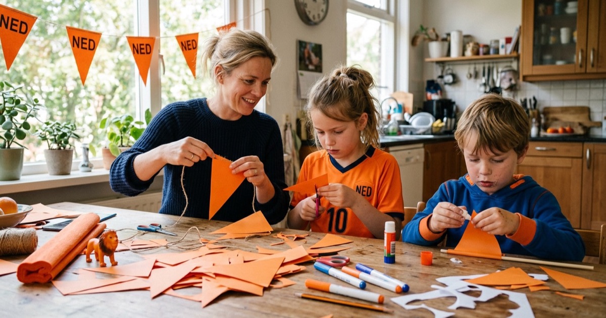 Nederlandse moeder en twee kinderen maken samen oranje vlaggetjesslingers aan de keukentafel