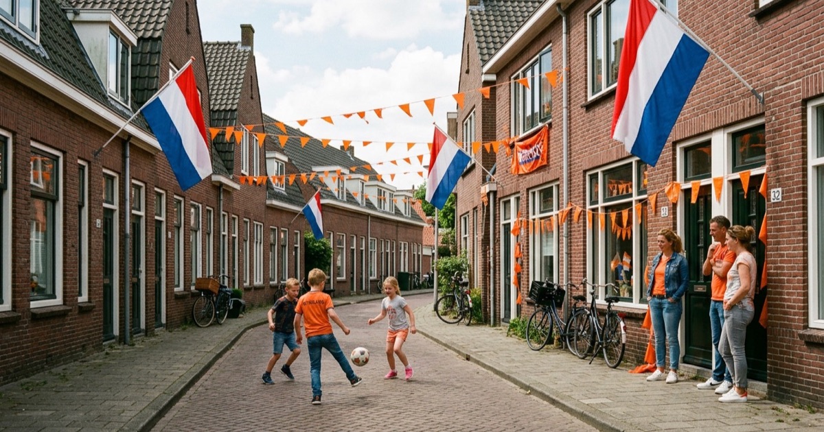 Een Nederlandse straat versierd met oranje vlaggen en slingers, kinderen voetballen tussen de huizen