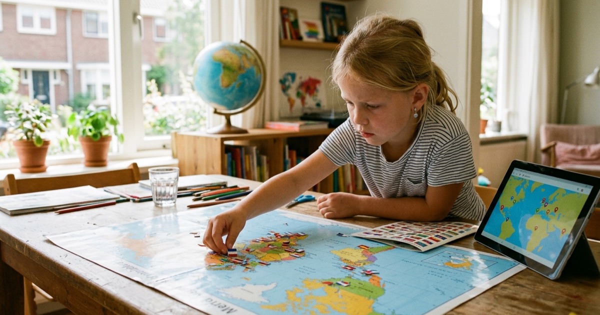 Een 9-jarig kind plaatst kleine vlagstickers van WK-deelnemende landen op een grote wereldkaart op de tafel