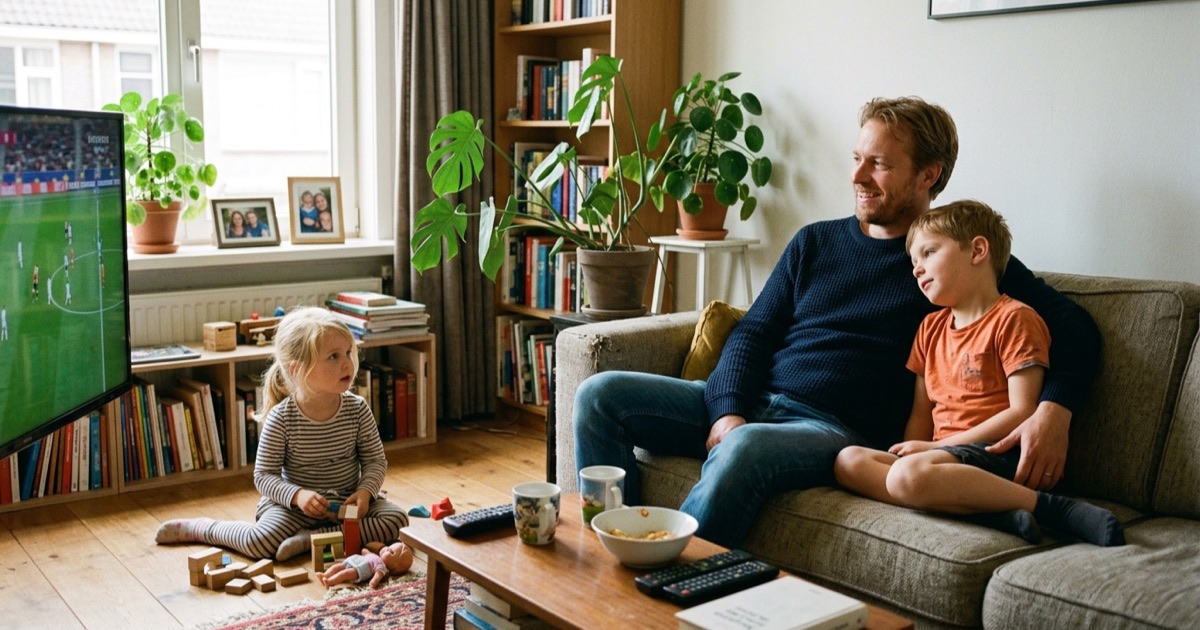 Nederlandse vader en twee kinderen kijken samen een voetbalwedstrijd op tv in een gezellige woonkamer