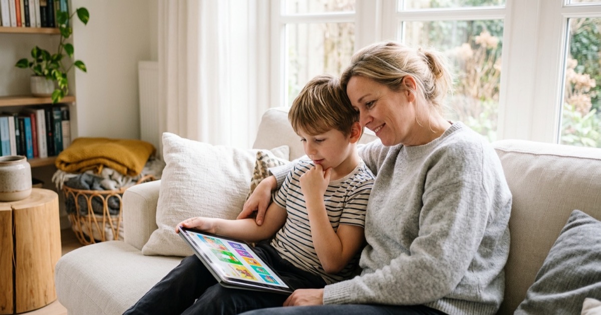 Ouder en kind kijken samen rustig op een tablet in een lichte Nederlandse woonkamer met daglicht.