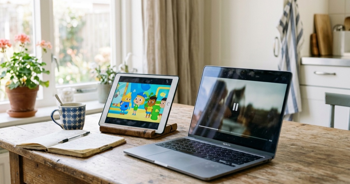 Tablet met kindersluis-app en laptop met videoplayer naast elkaar op een keukentafel met daglicht.
