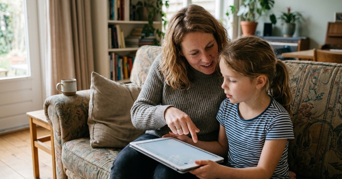 Ouder en kind kijken samen naar een tablet op de bank bij daglicht.