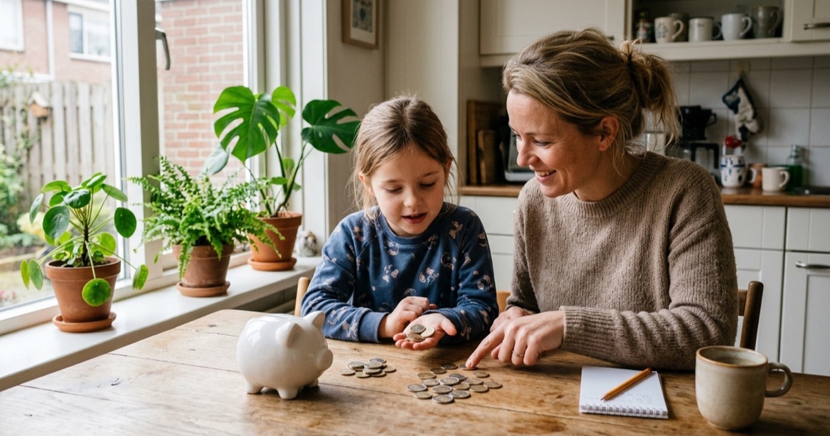 Een ouder en kind tellen samen euromunten aan de keukentafel met een spaarpot ernaast bij daglicht