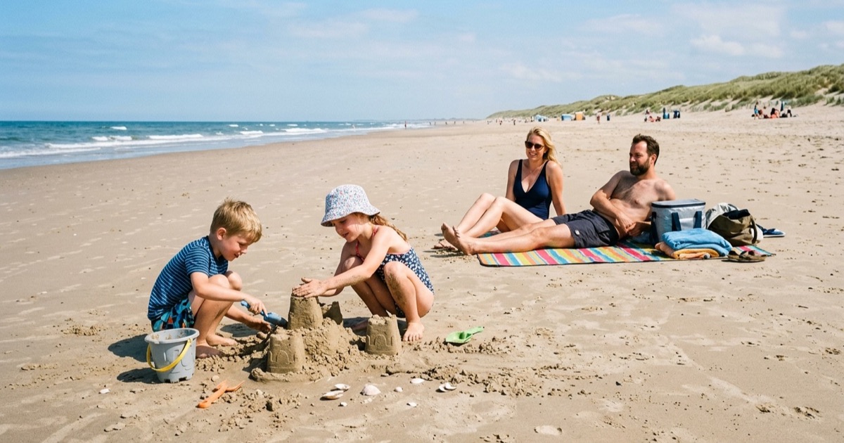 Een Nederlandse familie loopt over een breed Zeeuws strand bij eb met duinen op de achtergrond