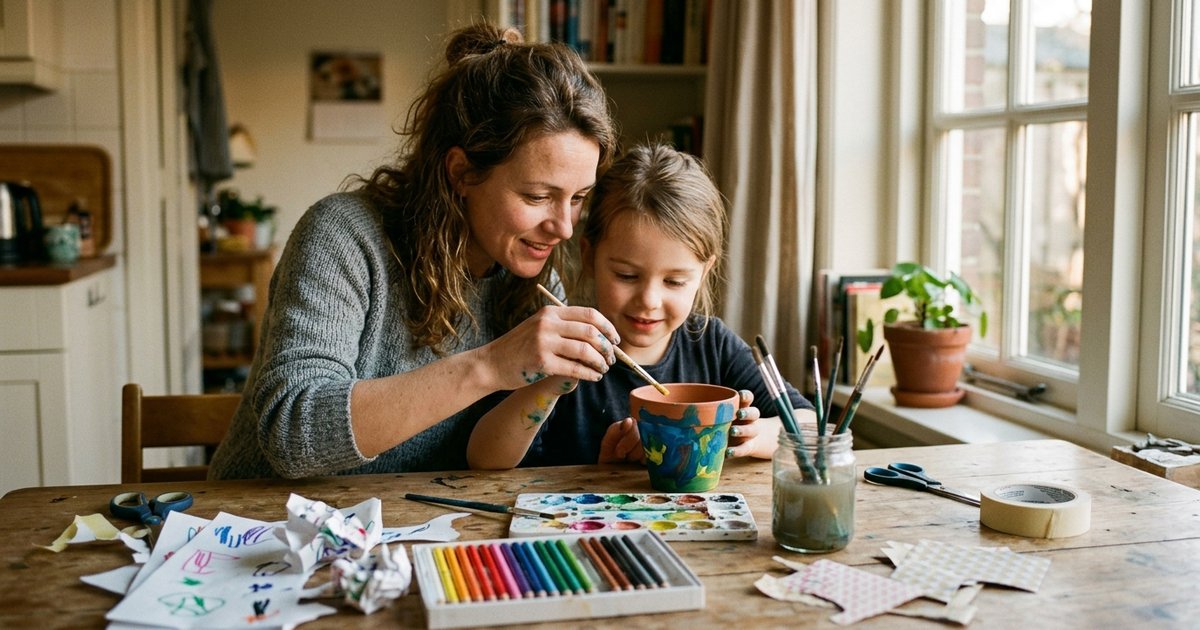 Kind knutselt zelfgemaakt cadeau voor de juf met verf en papier aan de keukentafel