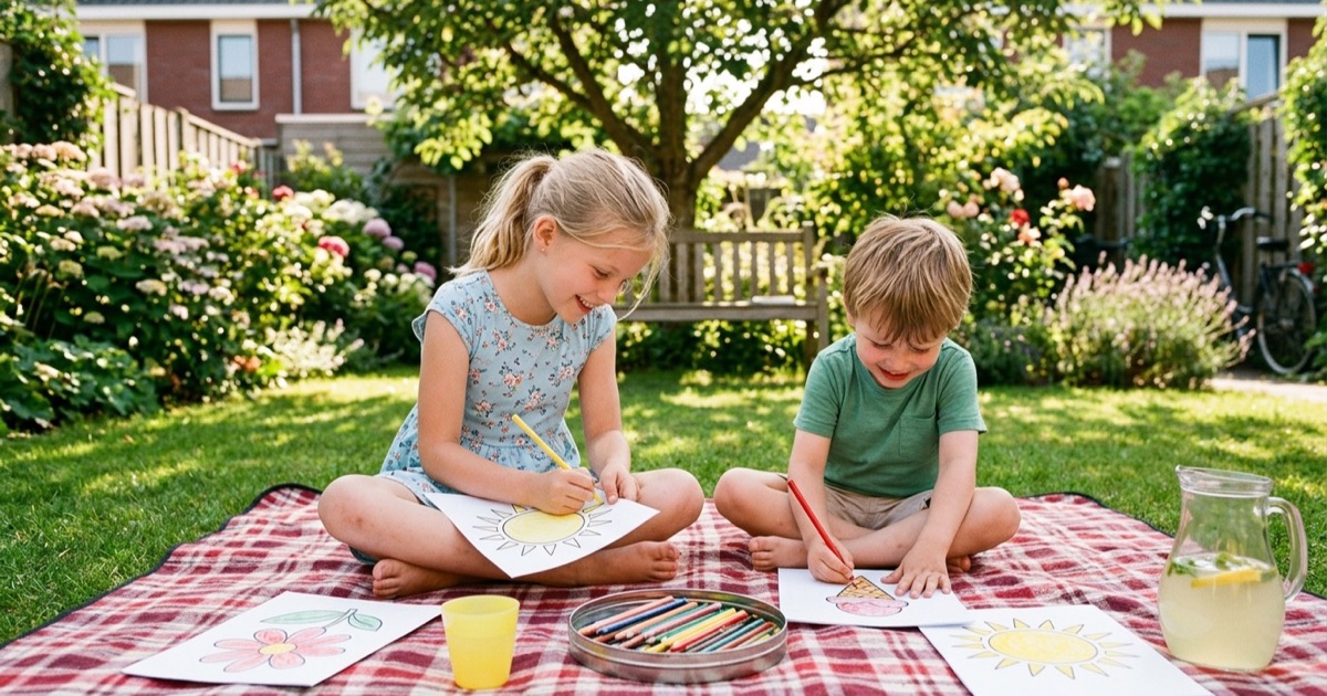 Twee kinderen kleuren zomerkleurplaten op een picknickkleed in een zonnige Nederlandse tuin