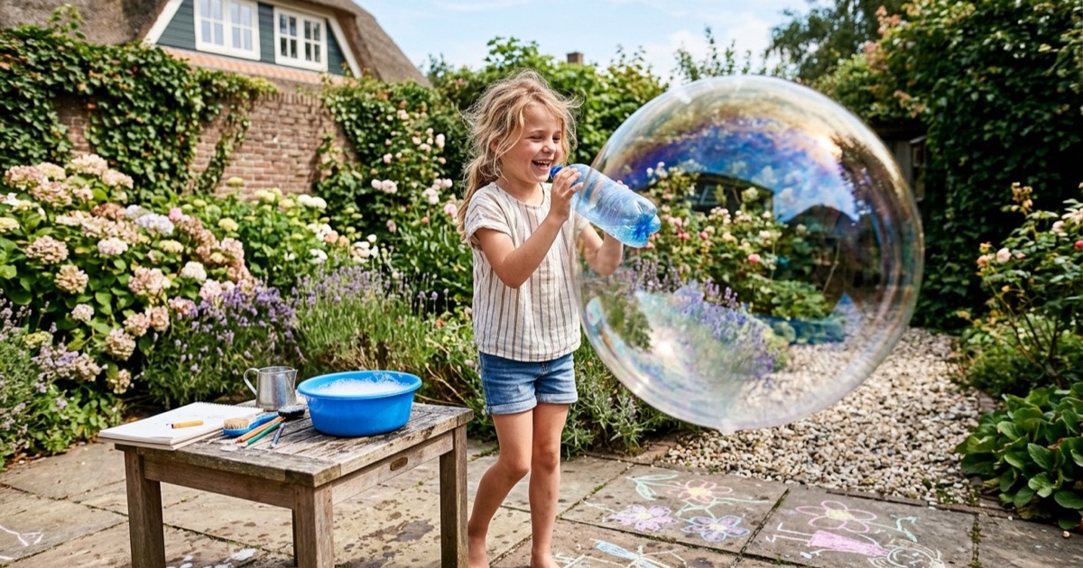 Kind blaast grote zeepbel met plastic fles in tuin