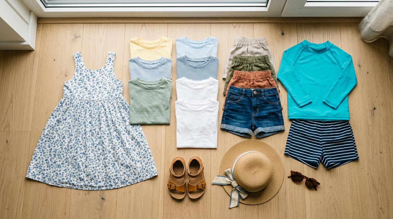 Flat-lay van complete zomerkleding voor kinderen op een lichte vloer: t-shirts, shorts, UV-trui, sandalen en hoedje.