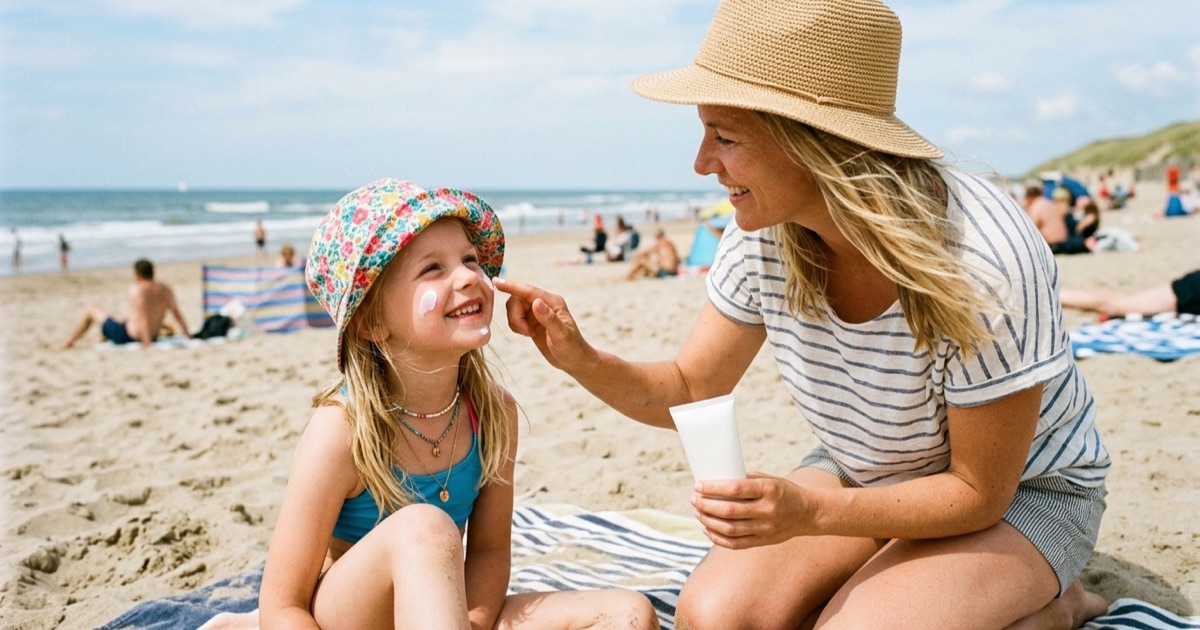 Een Nederlandse ouder smeert zonnebrand op de neus van een lachend kind op een Noordzee-strand bij zacht middaglicht