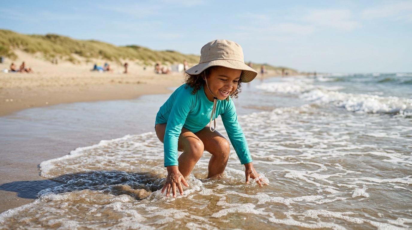 Een Nederlands kind in een lange-mouw turkooize UV-trui en hoedje speelt in de branding op een zonnig Noordzee-strand.
