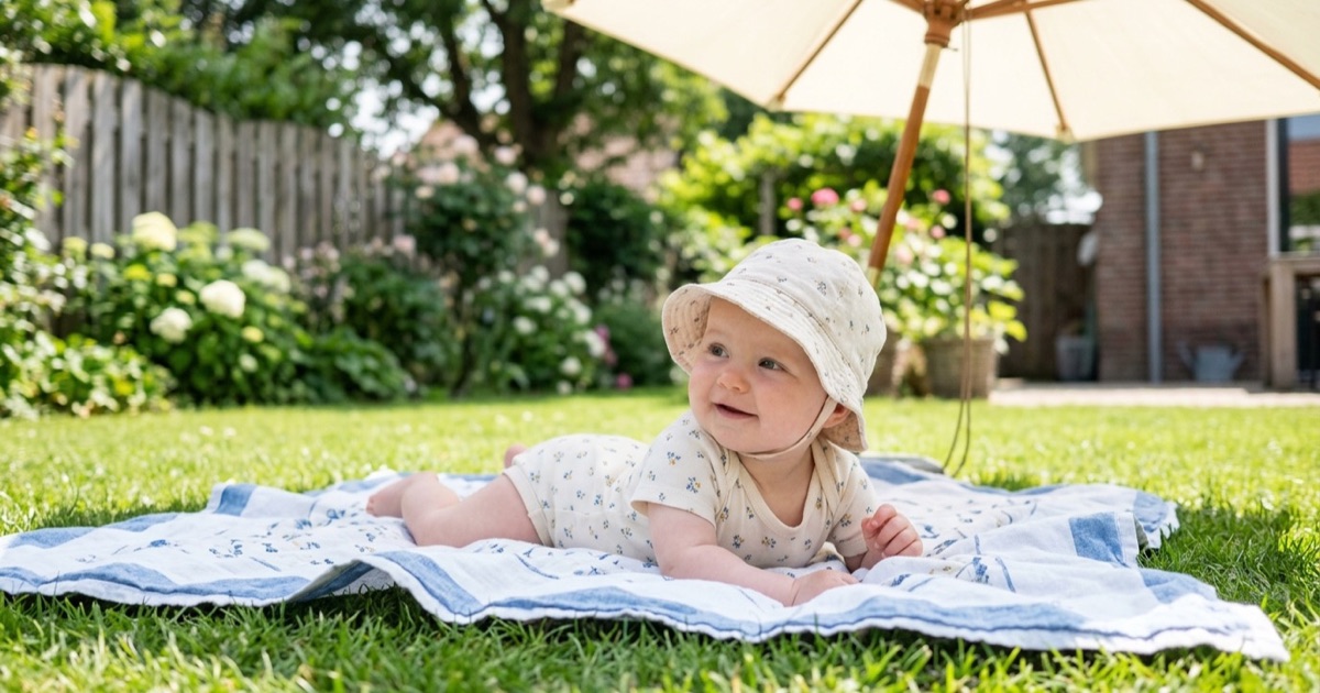 Baby in een zomerpakje en zonnehoedje ligt op een deken onder een parasol in de tuin.