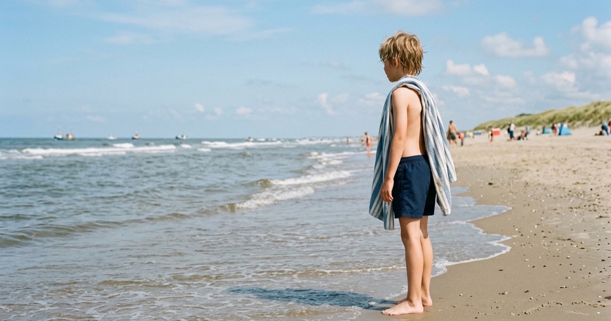 Jongen in blauwe zwembroek staat aan de waterlijn van een Noordzeestrand met een gestreepte handdoek over zijn schouder.